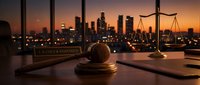 Legal office desk with gavel and scales of justice against city skyline at sunset. Professional law firm workspace for attorney consultation and legal services.