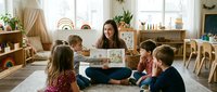 Young Caucasian female teacher reads a picture book to a group of children sitting on a rug in a bright, cozy Montessori classroom.