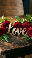 Gold Love sign surrounded by fresh red roses and green leaves on a rustic wooden table, evoking romance for Valentine's Day decor.