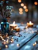 Romantic evening setup with blue glass bottle, delicate flowers, and glowing candles on rustic wooden surface, creating magical bokeh light effects and cozy atmosphere.