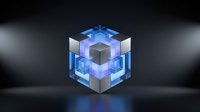 Futuristic glowing cube with blue neon light effects and metallic elements on dark background for technology and innovation concepts.