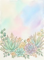 Watercolor succulent arrangement with pastel flowers and aloe on soft rainbow background, copy space for wedding or greeting card design.