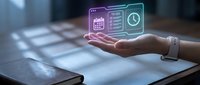 Hand holding glowing neon holographic icons for calendar, checklist, and clock above laptop keyboard, representing digital task management and productivity planning tools.
