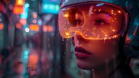 Young woman wearing futuristic reflective goggles with neon city lights and rain drops creating cyberpunk atmosphere. Dramatic lighting highlights red lips and glowing effects.