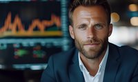 Confident businessman in navy suit with beard smiling at camera against blurred trading chart background, professional corporate portrait in modern office setting.
