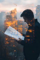 Double exposure silhouette of young Asian male architect reviewing blueprints against illuminated construction site with crane and cityscape at dusk.