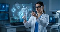 Female scientist in white lab coat interacting with holographic medical interface displaying human anatomy and molecular structures in modern laboratory.
