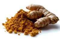 Fresh ginger root with pile of ground turmeric powder on white background, aromatic spices and natural ingredients for healthy cooking and wellness.