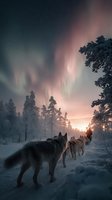 Sled dogs pulling through snowy forest landscape under spectacular northern lights aurora display at twilight in winter wilderness.