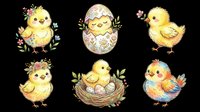 Cute Easter chicks clipart set with floral details, hatching egg, and nest scene, isolated on transparent background, ready for stickers, T-shirts, and print on demand.
