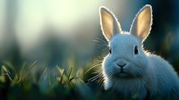 Adorable white baby bunny with backlit fur glowing in sunlight, sitting in green grass against blurred natural background. Close up portrait shows detailed ears.