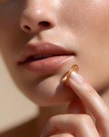 Close-up of plump natural lips with glossy nude lipstick and fingers holding golden vitamin E capsule against smooth glowing skin, beauty and skincare concept.