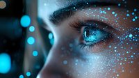 Mesmerizing blue eye with glowing sparkles and bokeh effects in dark atmosphere, extreme macro photography showing detailed eyelashes and iris texture.