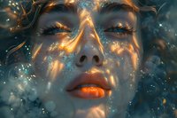 Ethereal female face with glowing orange lips and closed eyes surrounded by magical sparkles and light effects in dark blue mystical atmosphere.