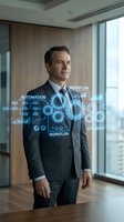 Professional businessman in suit with digital workflow automation interface overlay in modern office environment for business technology concepts.