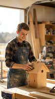 Young male craftsman in denim apron working on wooden birdhouse in bright workshop studio. Ideal for woodworking, carpentry, DIY projects, small business, and handmade craft content.