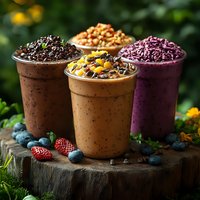 Assorted fresh smoothies in plastic cups garnished with berries, nuts and chocolate chips on wooden stump outdoors. Healthy breakfast drinks with natural ingredients.