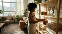 Young African American woman organizing wooden shelves in bright modern living room with plants and natural sunlight streaming through windows.
