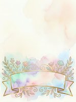 Soft pastel watercolor background with gold floral ribbon banner, featuring delicate blooms and leaves for wedding or greeting card design.
