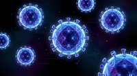 Blue glowing virus particles floating in dark space with luminescent spikes and cellular structure for medical education and scientific research presentations.