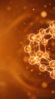 Golden molecular structure with glowing spheres connected by luminous bonds on warm orange background with bokeh effects for science and technology concepts.