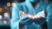 Glowing magical light sparkles floating between cupped hands against blurred blue background, creating mystical healing atmosphere. Suitable for wellness and spirituality.