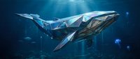 Geometric polygonal whale swimming in deep blue ocean waters with sunlight rays filtering through surface creating mystical underwater atmosphere.