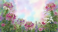 Watercolor spider flowers blooming in garden with soft pastel background for spring botanical artwork and floral design projects.