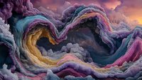 Dramatic swirling clouds in vibrant purple, pink, blue and gold colors create abstract wave patterns against a sunset sky, evoking emotion and movement in nature.