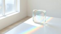 Iridescent glass cube prism on white surface casting rainbow light reflections in bright minimalist interior, holographic spectrum effect.