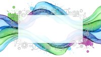 Abstract flowing waves with technology icons and gears creating dynamic business background with copy space for modern digital design and presentations.