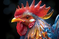 Vibrant rooster head close-up showing detailed red comb, yellow beak, and multicolored feathers against dark background, highlighting natural iridescent plumage pattern.