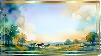 Watercolor landscape with horses grazing in pastoral countryside field at golden hour, featuring soft brushstrokes, warm sunset tones, and rural farm scenery for wall art and design projects.