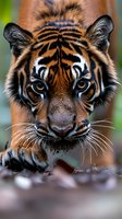 Close-up portrait of young tiger cub with striking orange and black striped fur, intense amber eyes, and white whiskers in natural outdoor setting.