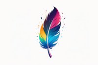 Vibrant multicolored feather with gradient colors from purple to yellow and blue, artistic design with scattered dots on white isolated background for creative projects.