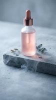 Rose gold dropper bottle with pink serum on marble stone surface with eucalyptus leaves for luxury skincare and beauty product packaging design.