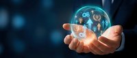 Businessman hand holding glowing sphere with digital technology icons and gears representing innovation, automation and future business solutions.
