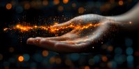Mystical glowing particles float above an outstretched palm against dark background, creating magical light trail effect with orange and blue bokeh elements.
