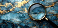Magnifying glass on luxurious blue and gold marble texture background. Natural stone pattern with golden veins and deep ocean tones creates elegant surface.