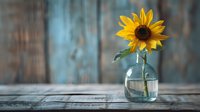 Single bright sunflower in clear glass vase against rustic blue wooden background, soft natural lighting creates moody atmosphere on weathered wooden table.