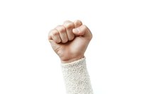 Raised fist gesture with white knitted sleeve on isolated background shows strength, unity and determination in minimalist composition.
