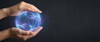 Human hands protecting glowing blue energy sphere with swirling light patterns on dark background for technology and innovation concepts.