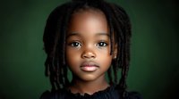 Young African American girl with dreadlocks and bright blue eyes gazing directly at camera against dark green background, wearing black top, portrait showcasing natural beauty.