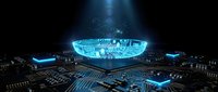 Futuristic microprocessor chip with glowing blue holographic display on dark circuit board background for technology and computing concepts.
