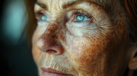Close-up portrait of mature woman with freckles and striking blue eyes, showing natural aging and skin texture against dark background.