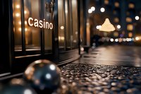 Atmospheric night view of casino entrance with illuminated sign, crystal chandelier reflection and cobblestone street, creating luxurious gambling ambiance.