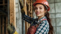 Young Caucasian female construction worker in protective hardhat and plaid shirt smiling while working at building site, renovation in progress, authentic industrial setting.