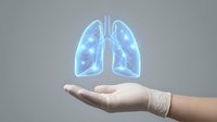 Holographic lungs floating above open palm showing respiratory health concept for medical presentations and healthcare technology applications.