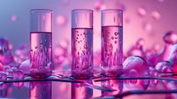 Glass tubes with water drops in pink and purple neon lighting on reflective surface surrounded by decorative spheres creating romantic atmosphere.