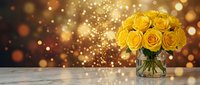 Yellow roses bouquet in glass vase on wooden table with golden bokeh lights background for romantic occasions and celebrations.